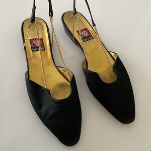 Anne Klein Black Fabric and Gold -Tone Chain Slingback